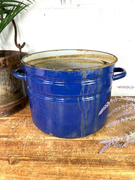 Vintage French blue Enamel Cooking Pot Tub Garden Planter
