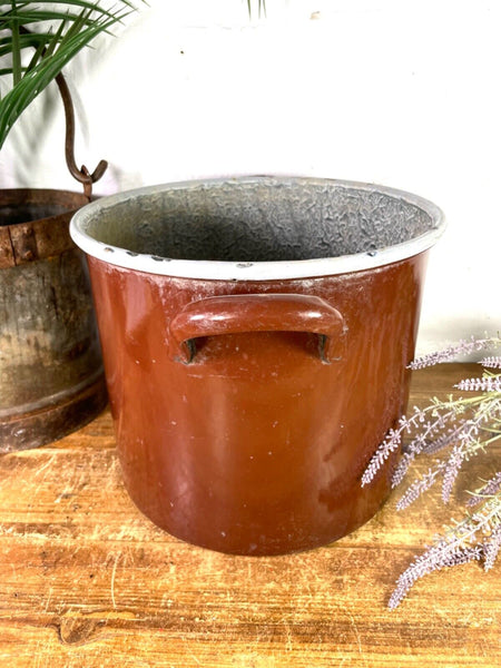 Vintage French brown Enamel Cooking Pot Tub Garden Planter