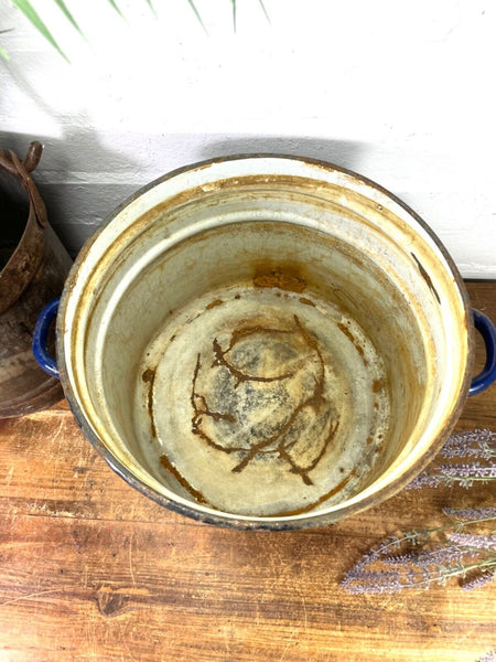 Vintage French blue Enamel Cooking Pot Tub Garden Planter