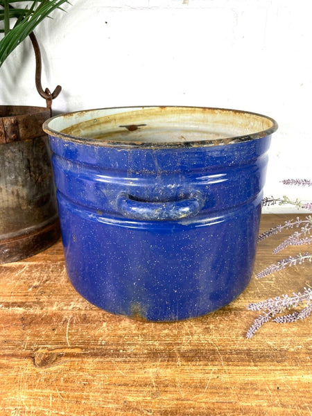 Vintage French blue Enamel Cooking Pot Tub Garden Planter