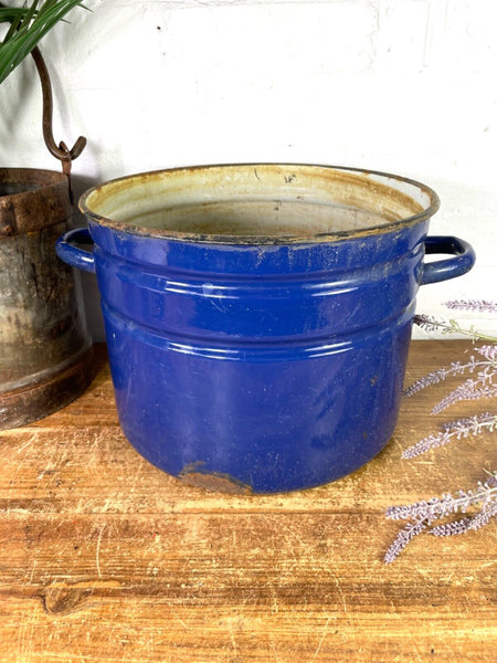 Vintage French blue Enamel Cooking Pot Tub Garden Planter