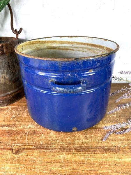 Vintage French blue Enamel Cooking Pot Tub Garden Planter