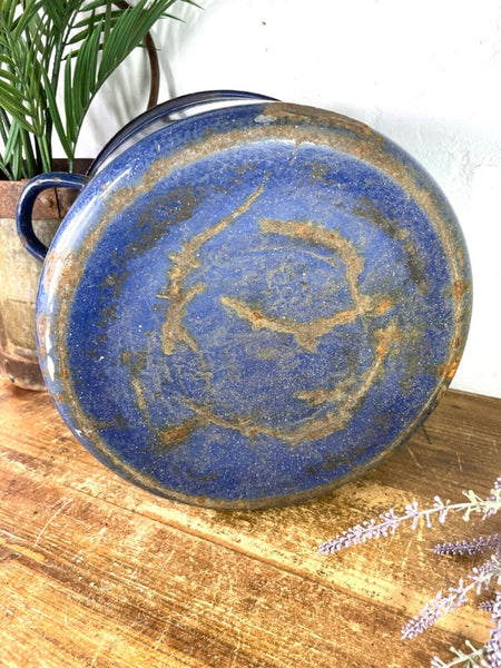Vintage French blue Enamel Cooking Pot Tub Garden Planter