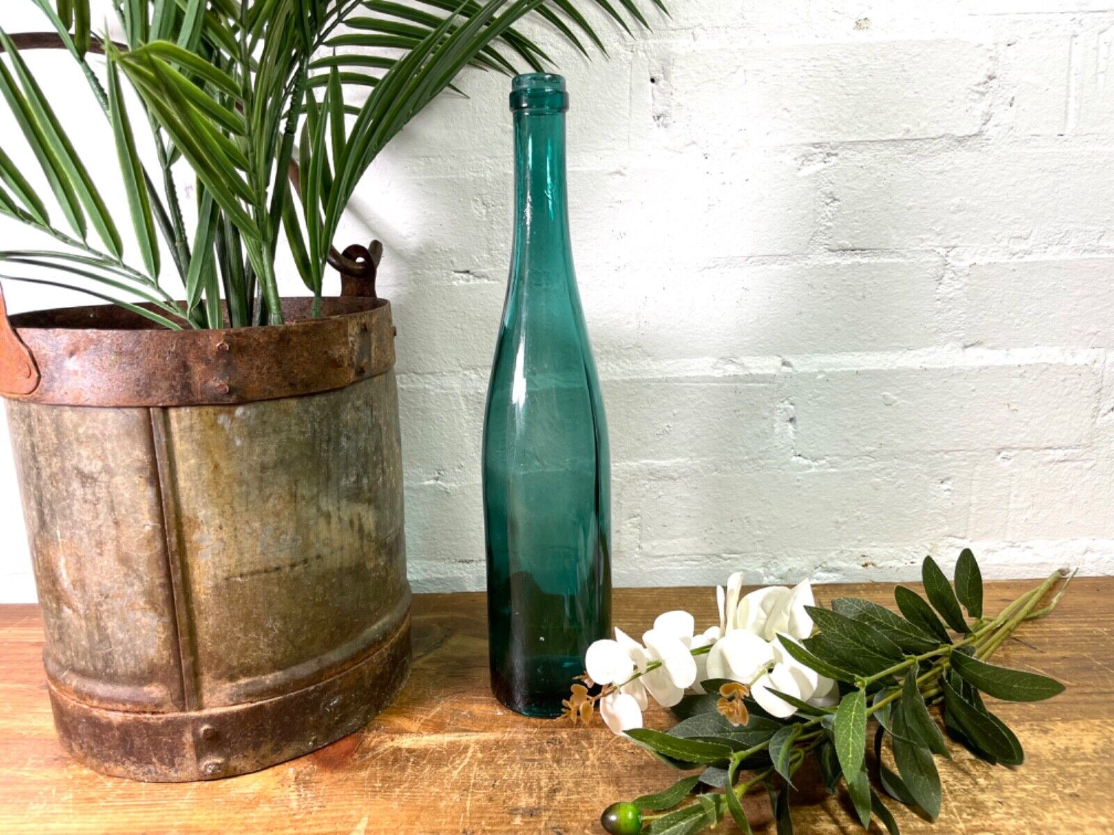 Vintage Antique French blue Glass Wine Bottle Wedding Decor Vase