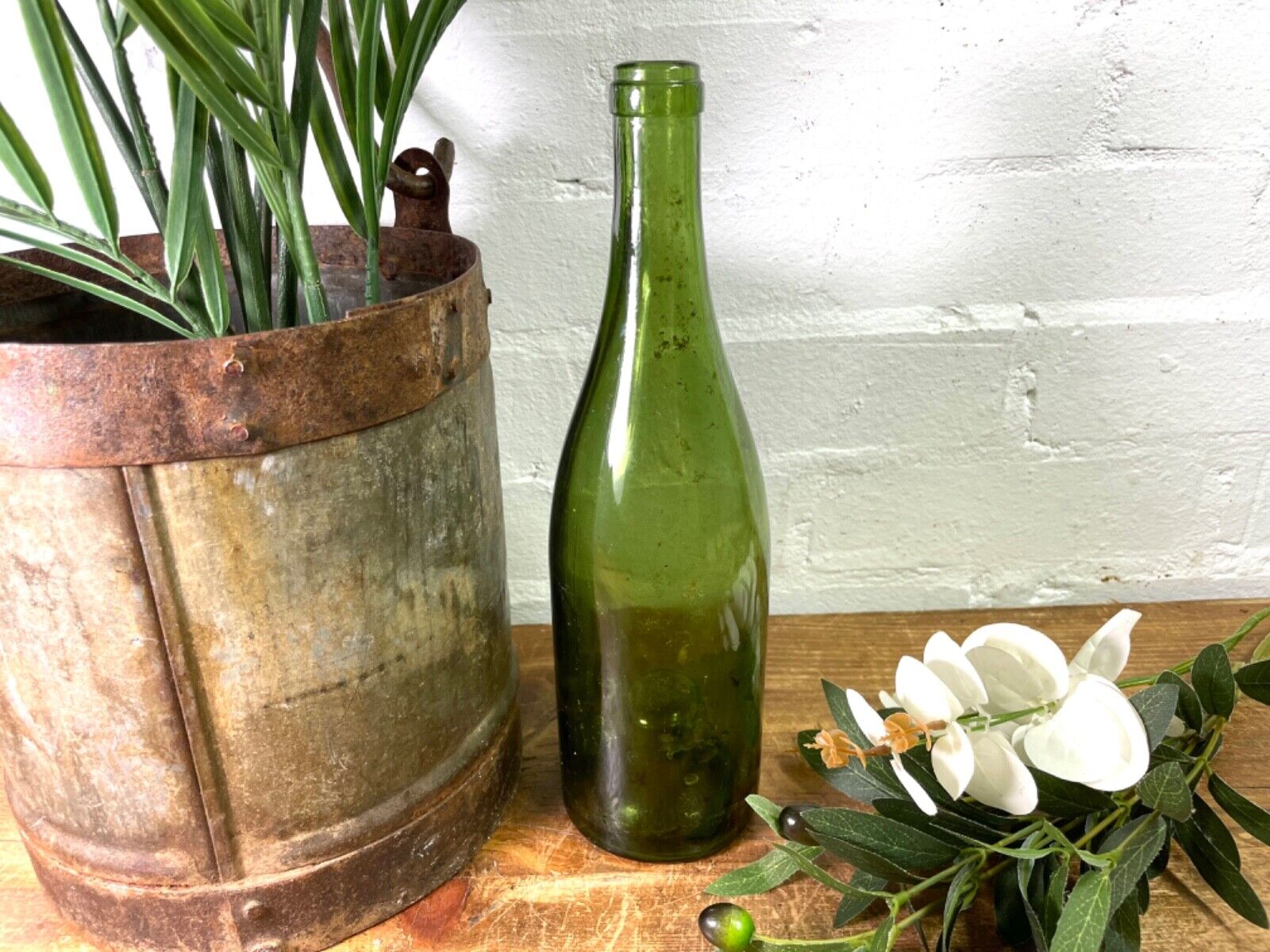 Vintage Antique French Green Glass Wine Bottle Wedding Decor Vase