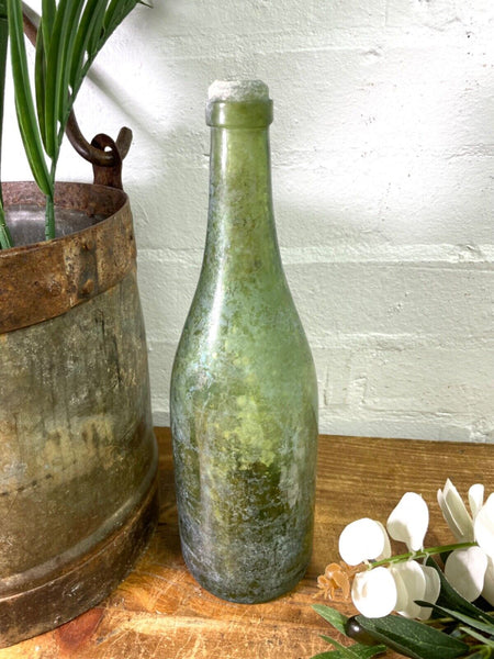 Vintage Antique French Green Glass Wine Bottle Wedding Decor Vase