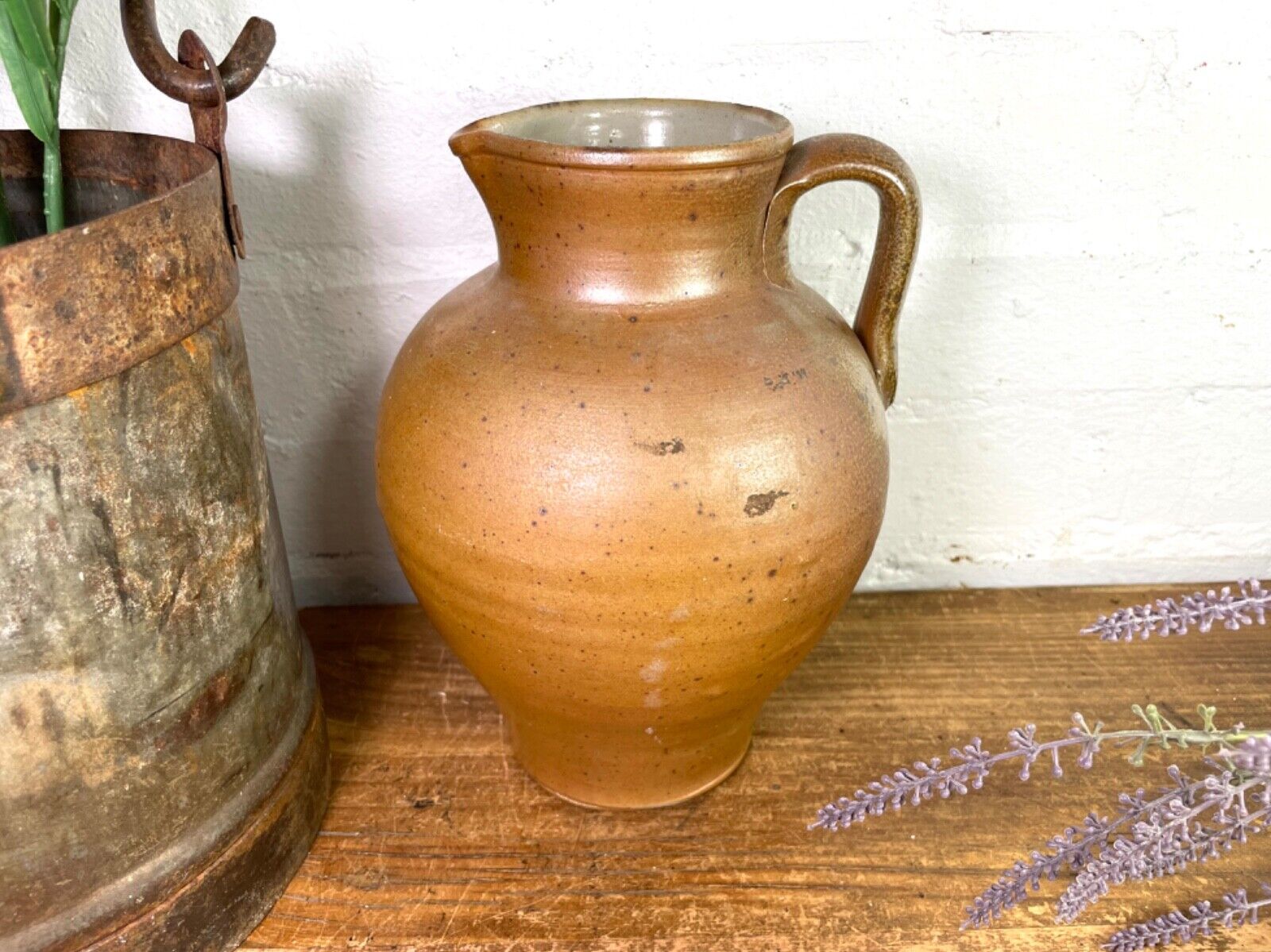 Vintage Rustic French Stoneware Brown Terracotta Jug Pitcher Flower Vase