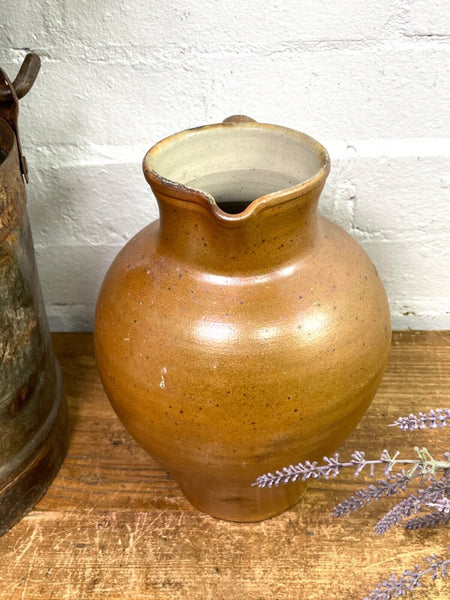 Vintage Rustic French Stoneware Brown Terracotta Jug Pitcher Flower Vase