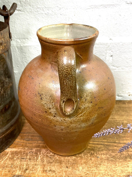 Vintage Rustic French Stoneware Brown Terracotta Jug Pitcher Flower Vase