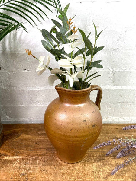 Vintage Rustic French Stoneware Brown Terracotta Jug Pitcher Flower Vase