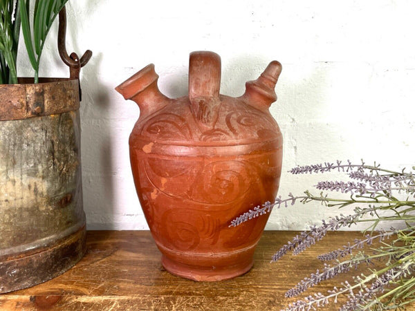 Vintage Rustic French Terracotta Walnut Oil Pitcher Confit Pot Jug