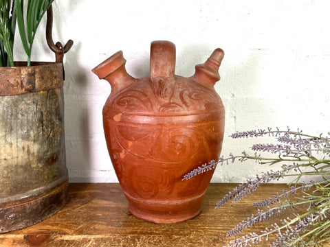 Vintage Rustic French Terracotta Walnut Oil Pitcher Confit Pot Jug