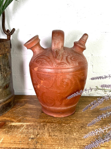 Vintage Rustic French Terracotta Walnut Oil Pitcher Confit Pot Jug