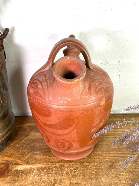 Vintage Rustic French Terracotta Walnut Oil Pitcher Confit Pot Jug