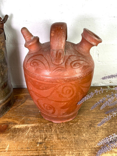Vintage Rustic French Terracotta Walnut Oil Pitcher Confit Pot Jug