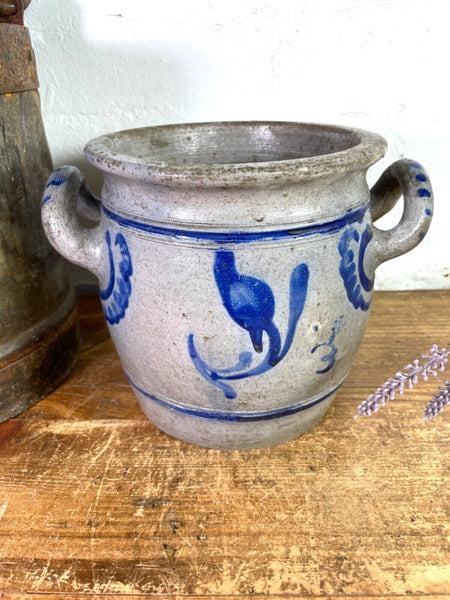 Vintage Rustic French Alsace Blue Grey Glazed Stoneware Confit Pot Jug Pitcher