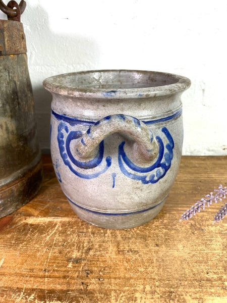 Vintage Rustic French Alsace Blue Grey Glazed Stoneware Confit Pot Jug Pitcher