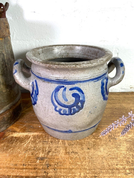 Vintage Rustic French Alsace Blue Grey Glazed Stoneware Confit Pot Jug Pitcher
