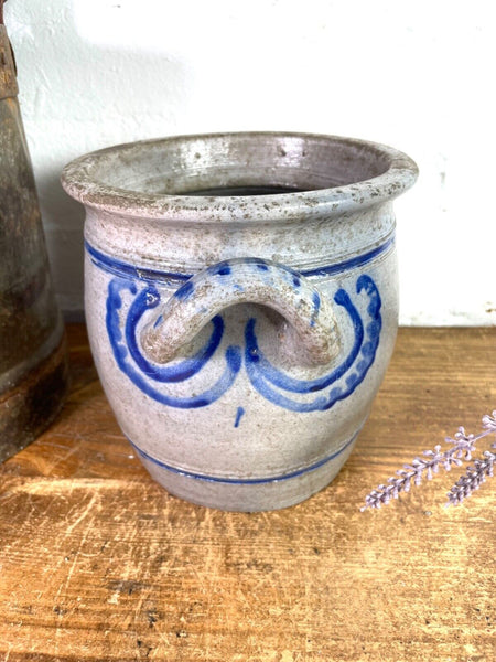 Vintage Rustic French Alsace Blue Grey Glazed Stoneware Confit Pot Jug Pitcher