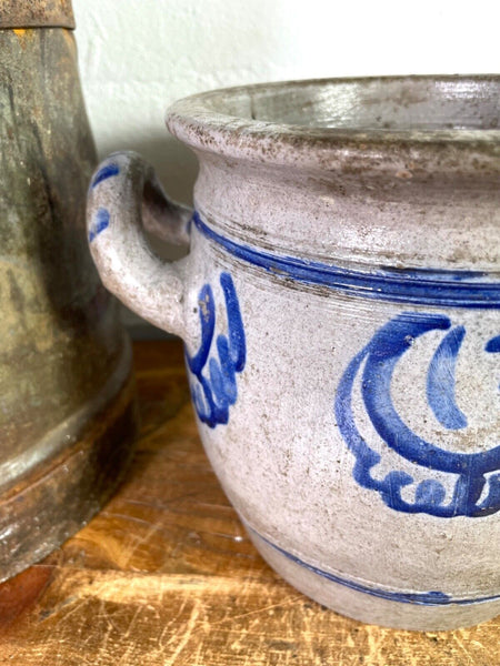 Vintage Rustic French Alsace Blue Grey Glazed Stoneware Confit Pot Jug Pitcher