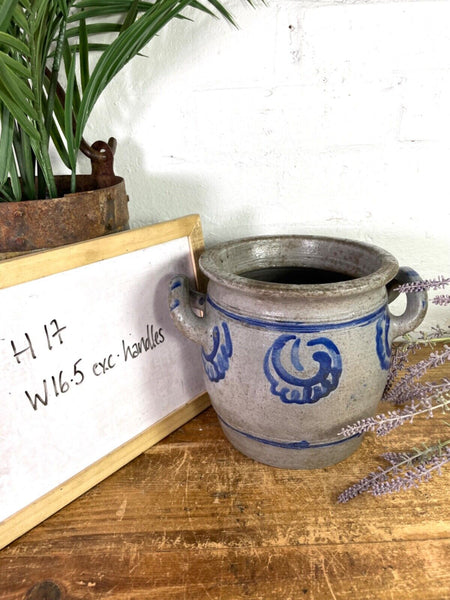 Vintage Rustic French Alsace Blue Grey Glazed Stoneware Confit Pot Jug Pitcher