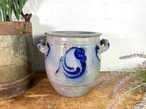Vintage Rustic French Alsace Blue Grey Glazed Stoneware Confit Pot Jug Pitcher