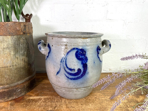 Vintage Rustic French Alsace Blue Grey Glazed Stoneware Confit Pot Jug Pitcher