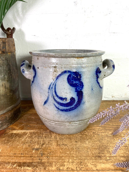 Vintage Rustic French Alsace Blue Grey Glazed Stoneware Confit Pot Jug Pitcher