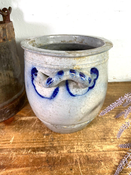 Vintage Rustic French Alsace Blue Grey Glazed Stoneware Confit Pot Jug Pitcher