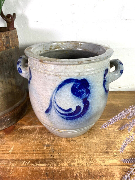 Vintage Rustic French Alsace Blue Grey Glazed Stoneware Confit Pot Jug Pitcher