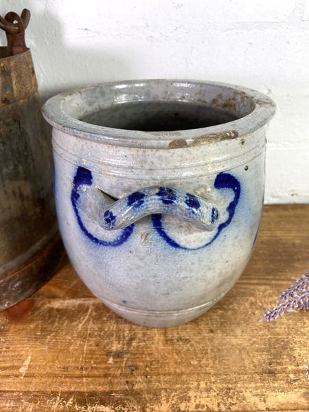 Vintage Rustic French Alsace Blue Grey Glazed Stoneware Confit Pot Jug Pitcher