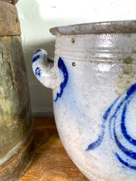 Vintage Rustic French Alsace Blue Grey Glazed Stoneware Confit Pot Jug Pitcher