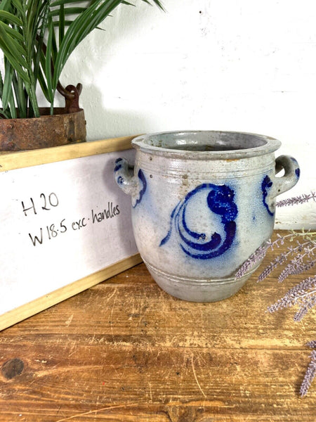 Vintage Rustic French Alsace Blue Grey Glazed Stoneware Confit Pot Jug Pitcher
