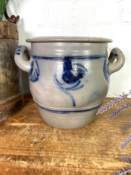 Vintage Rustic French Alsace Blue Grey Glazed Stoneware Confit Pot Jug Pitcher