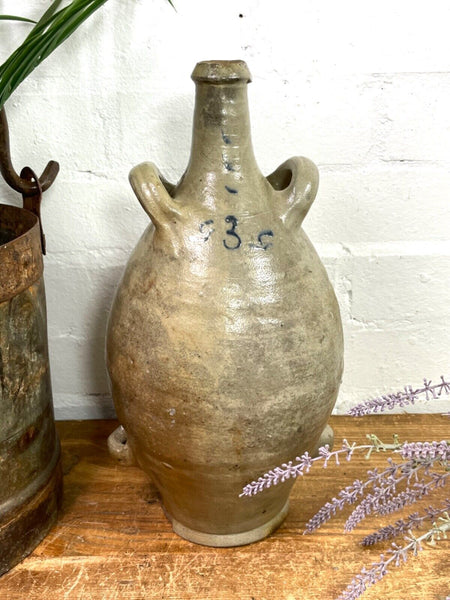 Vintage Rustic French Alsace Blue Grey Glazed Stoneware Confit Pot Jug Pitcher