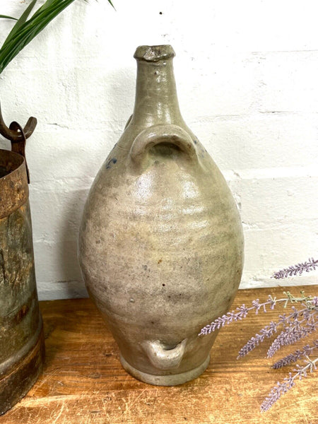 Vintage Rustic French Alsace Blue Grey Glazed Stoneware Confit Pot Jug Pitcher