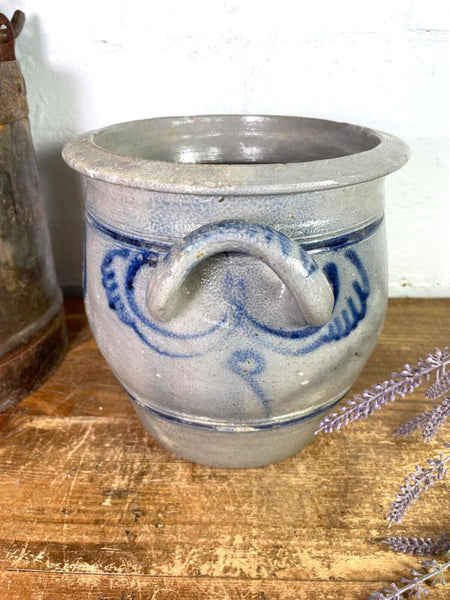 Vintage Rustic French Alsace Blue Grey Glazed Stoneware Confit Pot Jug Pitcher