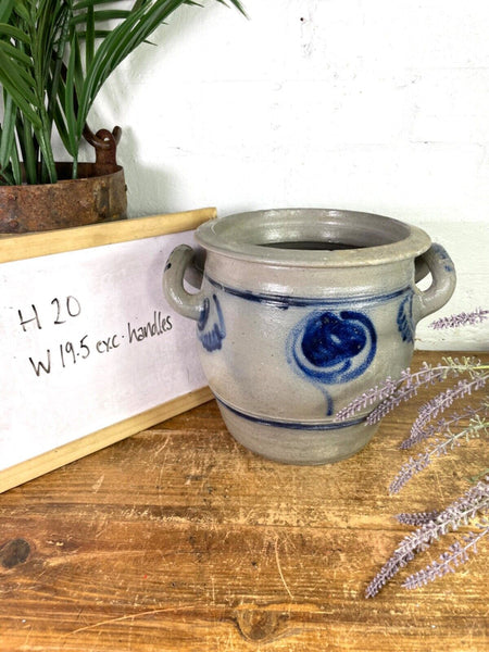 Vintage Rustic French Alsace Blue Grey Glazed Stoneware Confit Pot Jug Pitcher