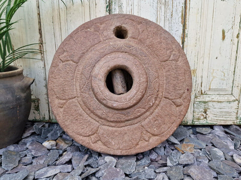 Antique Indian Hand Carved Round Mill Stone Herb Spice Grinding Wheel