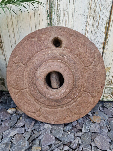 Antique Indian Hand Carved Round Mill Stone Herb Spice Grinding Wheel