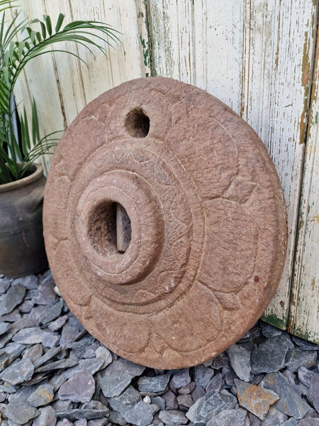 Antique Indian Hand Carved Round Mill Stone Herb Spice Grinding Wheel