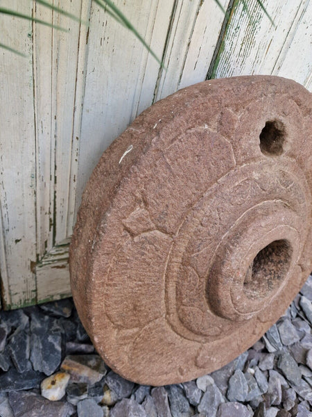 Antique Indian Hand Carved Round Mill Stone Herb Spice Grinding Wheel