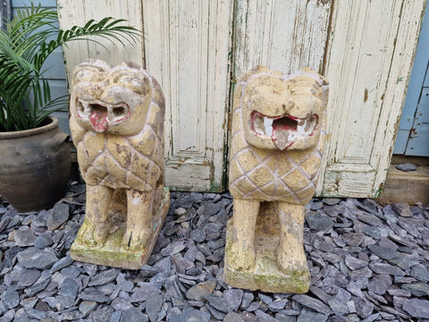Antique Pair Authentic Indian Hand Made Stone Painted Temple Palace Garden Lions
