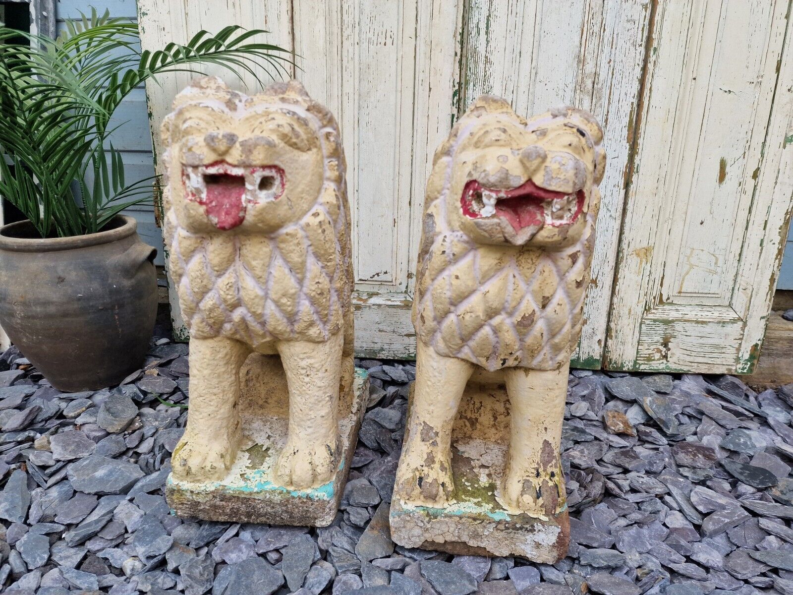 Antique Pair Authentic Indian Hand Made Stone Painted Temple Palace Garden Lions