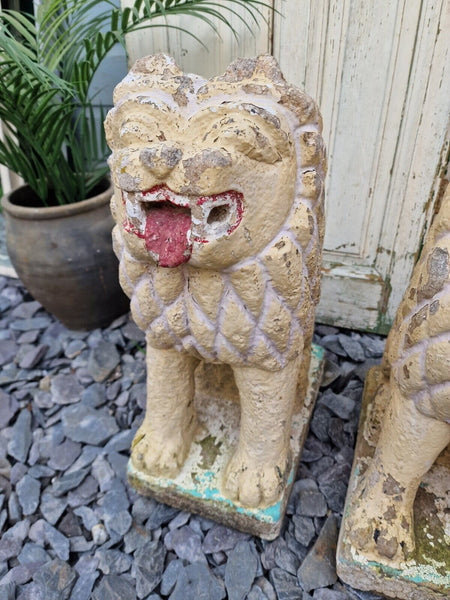 Antique Pair Authentic Indian Hand Made Stone Painted Temple Palace Garden Lions