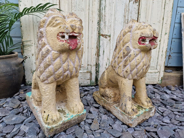 Antique Pair Authentic Indian Hand Made Stone Painted Temple Palace Garden Lions