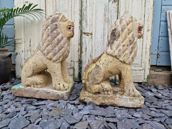 Antique Pair Authentic Indian Hand Made Stone Painted Temple Palace Garden Lions