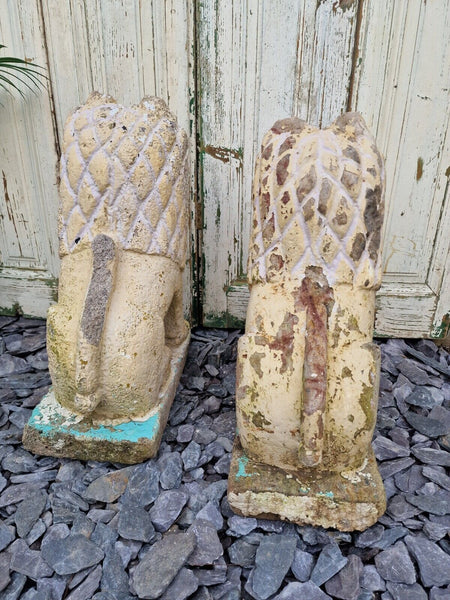 Antique Pair Authentic Indian Hand Made Stone Painted Temple Palace Garden Lions