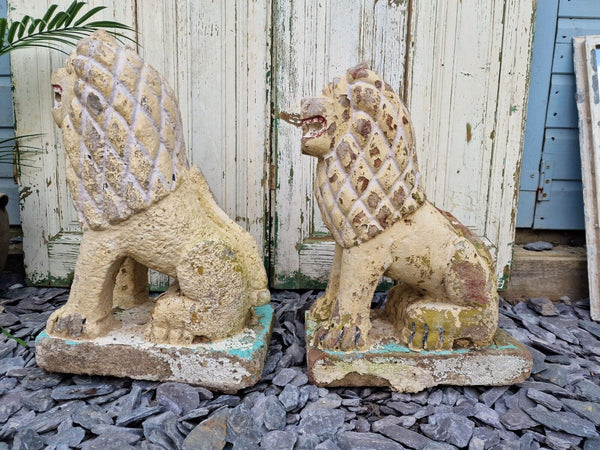 Antique Pair Authentic Indian Hand Made Stone Painted Temple Palace Garden Lions