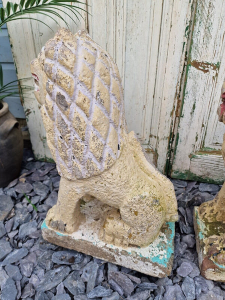 Antique Pair Authentic Indian Hand Made Stone Painted Temple Palace Garden Lions